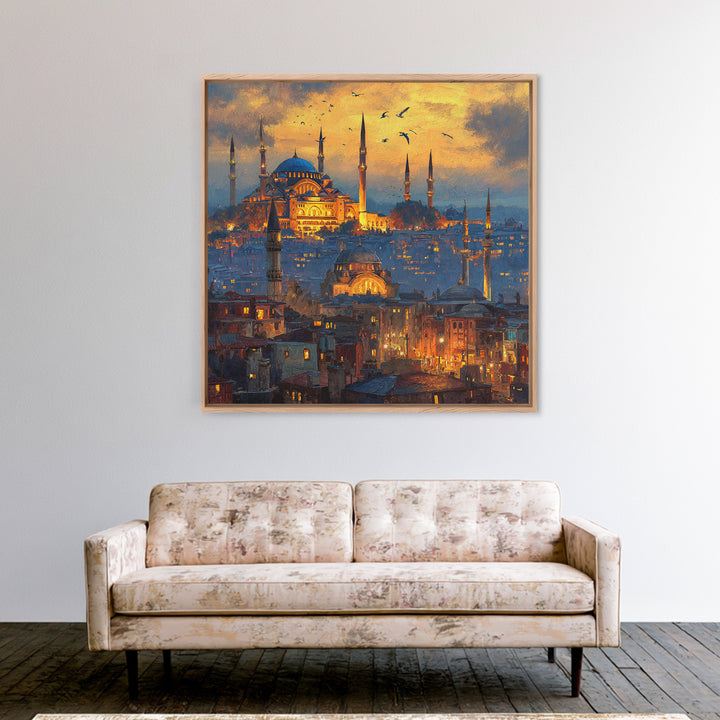 Glowing Istanbul Mosque Skyline Wall Art, Islamic Architecture Canvas Print, Travel Poster, Cityscape Art, Turkish Home Decor