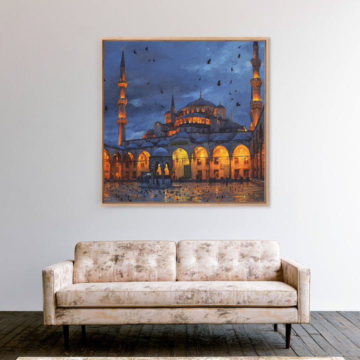 Blue Mosque At Twilight Framed Canvas Print, Islamic Architecture Wall Art, Turkish Travel Poster, Moody Home Decor Gift