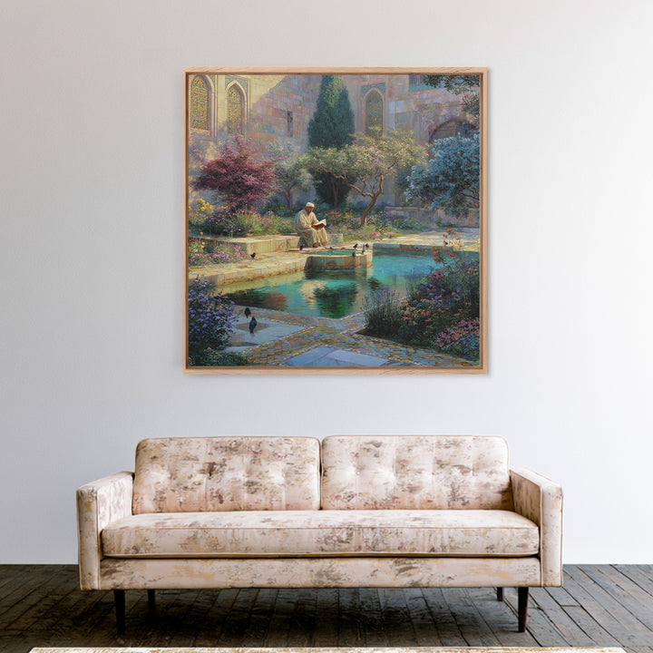 Serene Islamic Garden Courtyard With Reader Wall Art, Meditation Framed Canvas Print, Botanical Zen Home Decor Gift For Her