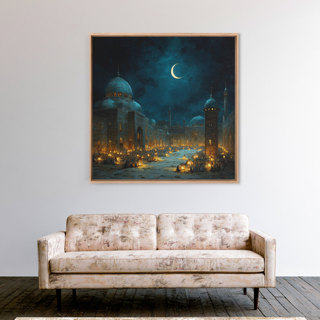 Moonlit Mosque Courtyard With Crescent Canvas Print, Islamic Wall Art, Ramadan Lantern Decor For Prayer Room And Home Decor