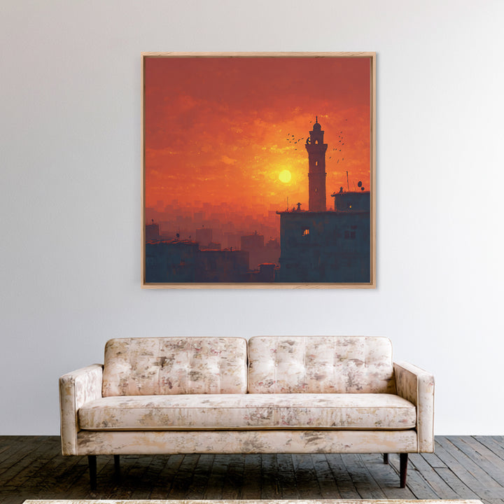 Orange City Sunset With Minaret Tower Silhouette Canvas Print, Islamic Wall Art, Moroccan Decor, Travel Poster, Home Decor