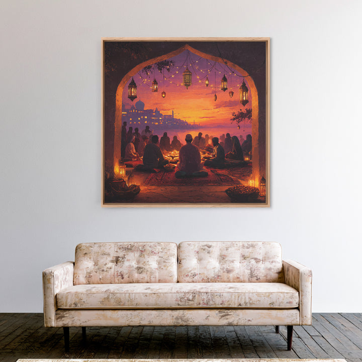 Ramadan Sunset Gathering Wall Art, Lantern Iftar Dinner Scene, Islamic Home Decor, Warm Spiritual Canvas Print Gift For Prayer Room
