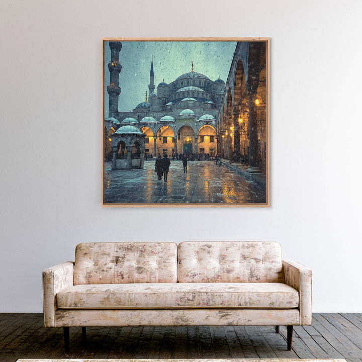Snowy Blue Mosque Courtyard Canvas Print, Islamic Architecture Wall Art, Istanbul Travel Poster, Spiritual Decor, Home Decor