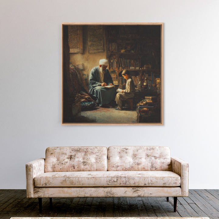 Elder Scholar And Child Reading In Ancient Library Wall Art, Islamic Decor, Dark Academia, Arabic Calligraphy Fine Art Print