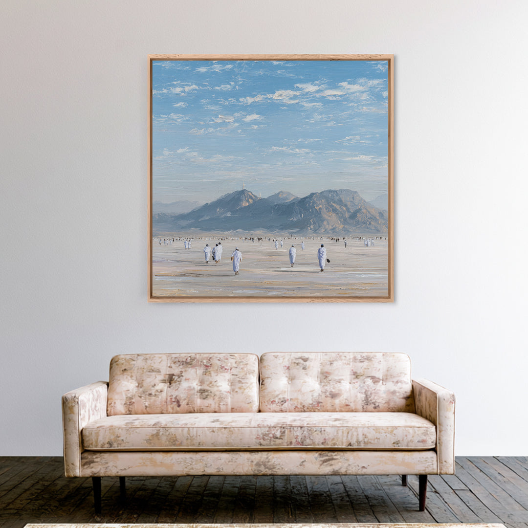 Pilgrims Walking Toward Desert Mountains Wall Art, Minimalist Landscape Canvas Print, Islamic Travel Decor, Calm Neutral