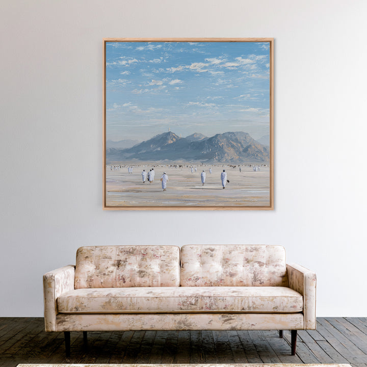 Pilgrims Walking Toward Desert Mountains Wall Art, Minimalist Landscape Canvas Print, Islamic Travel Decor, Calm Neutral