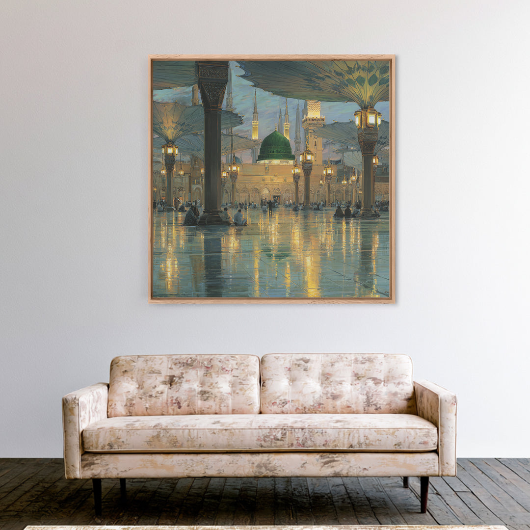 Green Dome Mosque Courtyard With Lantern Reflections Framed Canvas Print, Islamic Wall Art, Medina Decor, Spiritual Gift