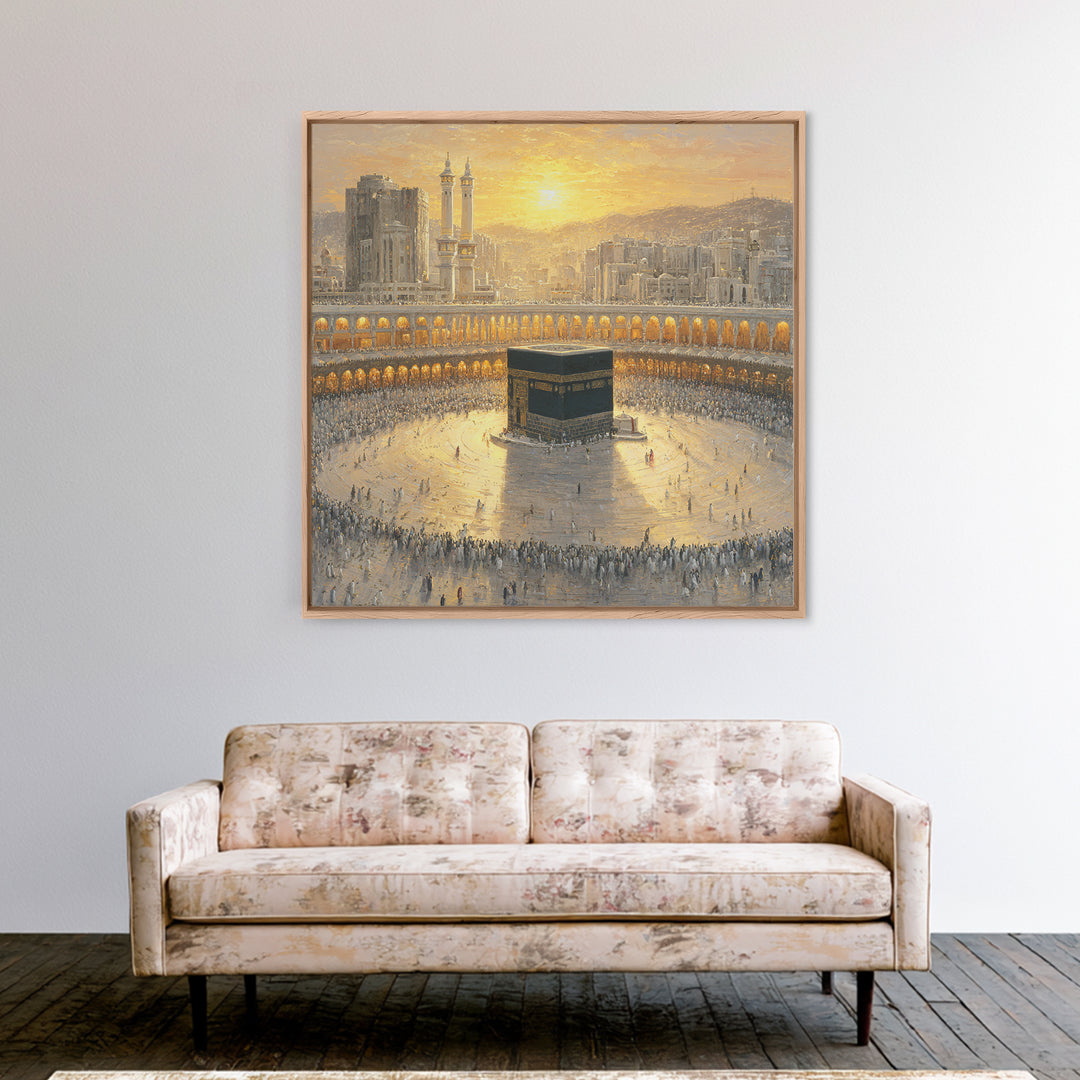 Sunlit Kaaba At Mecca Framed Canvas Print, Islamic Wall Art, Quran Wall Decor, Spiritual Home Decor, Muslim Gift, Ramadan Decor