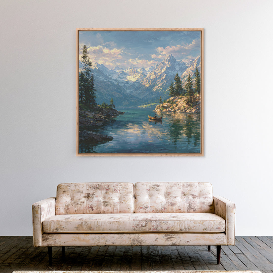 Alpine Lake And Snowy Mountains Framed Canvas Print, Scenic Landscape Art, Cabin Wall Decor, Nature Gift For Living Room