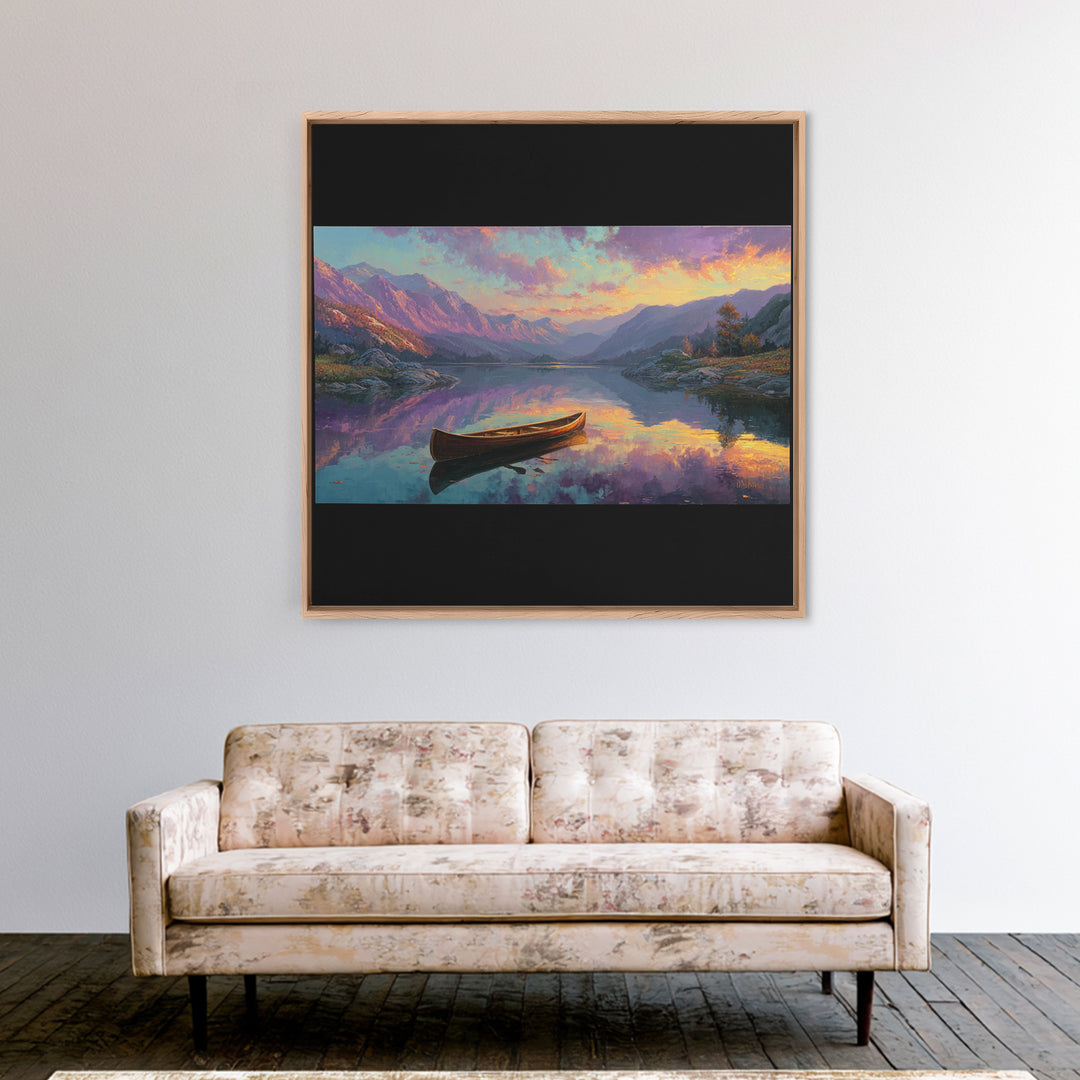 Canoe On Serene Mountain Lake Canvas Print, Sunset Landscape Wall Art, Rustic Cabin Decor For Living Room And Bedroom Decor