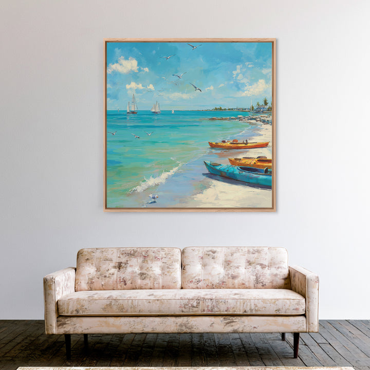 Turquoise Beach Boats And Seagulls Canvas Print, Coastal Wall Art, Ocean Seascape Decor For Beach House Living Room Decor