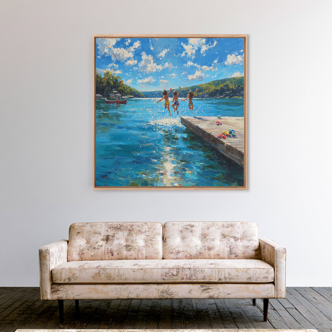 Kids Jumping Off A Sunny Lake Dock Wall Art, Summer Landscape Canvas Print, Lake House Decor, Playroom Art Gift For Coastal Home