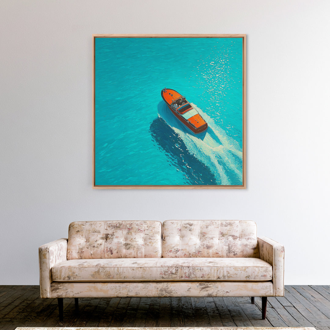 Turquoise Speedboat On Open Water Canvas Print, Coastal Wall Art, Nautical Travel Decor, Modern Beach House Art Gift For Her