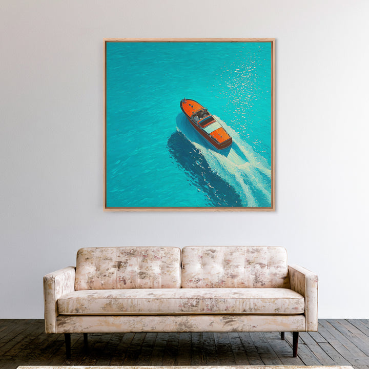 Turquoise Speedboat On Open Water Canvas Print, Coastal Wall Art, Nautical Travel Decor, Modern Beach House Art Gift For Her