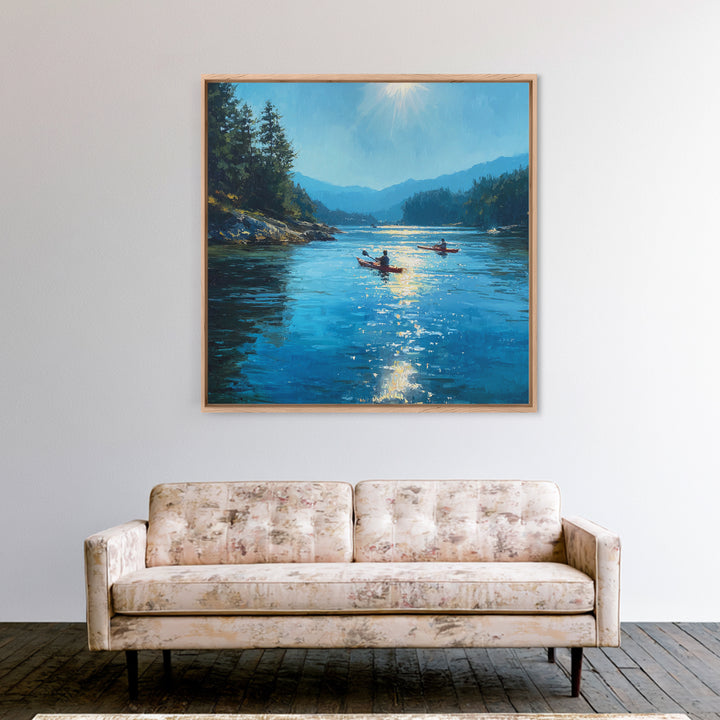 Sunlit Kayakers On Blue Mountain Lake Wall Art, Coastal Landscape Canvas Print, Nature Wall Decor For Living Room Home Decor Gift