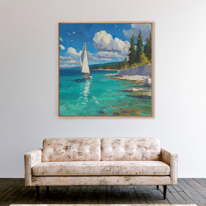 White Sailboat On Turquoise Lake Wall Art, Coastal Landscape Painting, Nautical Lake House Decor, Impasto Framed Canvas Print