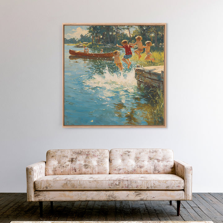 Children Jumping Into Sunny Lake Canvas Print, Summer Cabin Wall Art, Rustic Lake House Decor, Kids Room Art, Family Gift