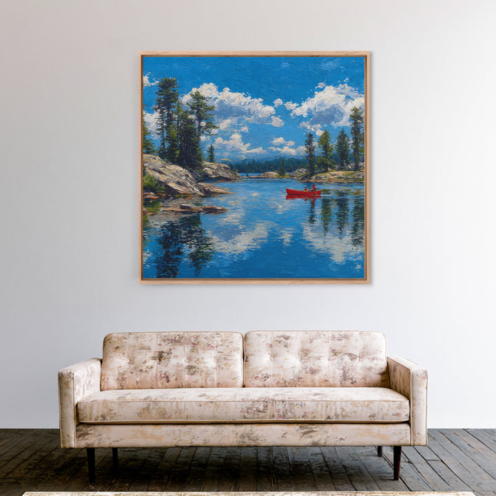 Red Canoe On Alpine Lake Wall Art, Mountain Landscape Painting, Rustic Cabin Decor, Pine Forest Nature Lover Framed Canvas Print