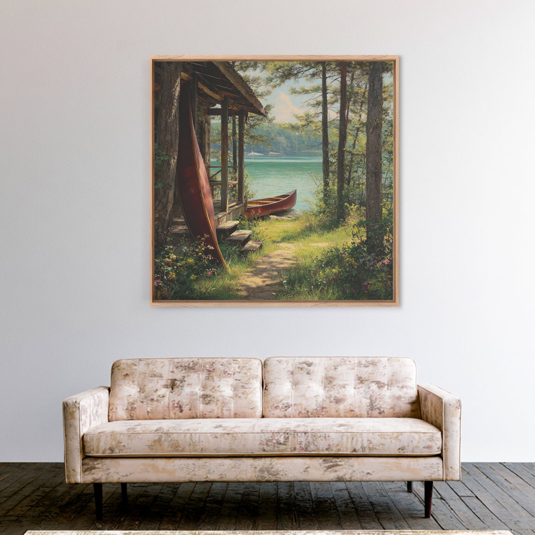 Lakeside Cabin With Red Canoes Framed Canvas Print, Rustic Lake House Wall Art, Cozy Nature Decor, Peaceful Getaway Gift
