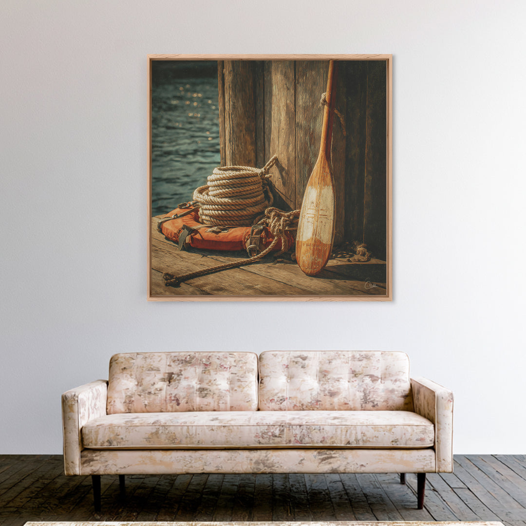 Weathered Oar And Coiled Rope Canvas Print, Nautical Wall Art, Rustic Coastal Decor, Seaside Lake House Gift For Boat Lovers