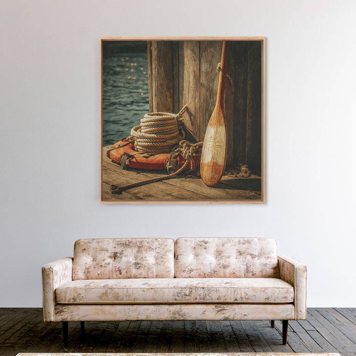 Weathered Oar And Coiled Rope Canvas Print, Nautical Wall Art, Rustic Coastal Decor, Seaside Lake House Gift For Boat Lovers