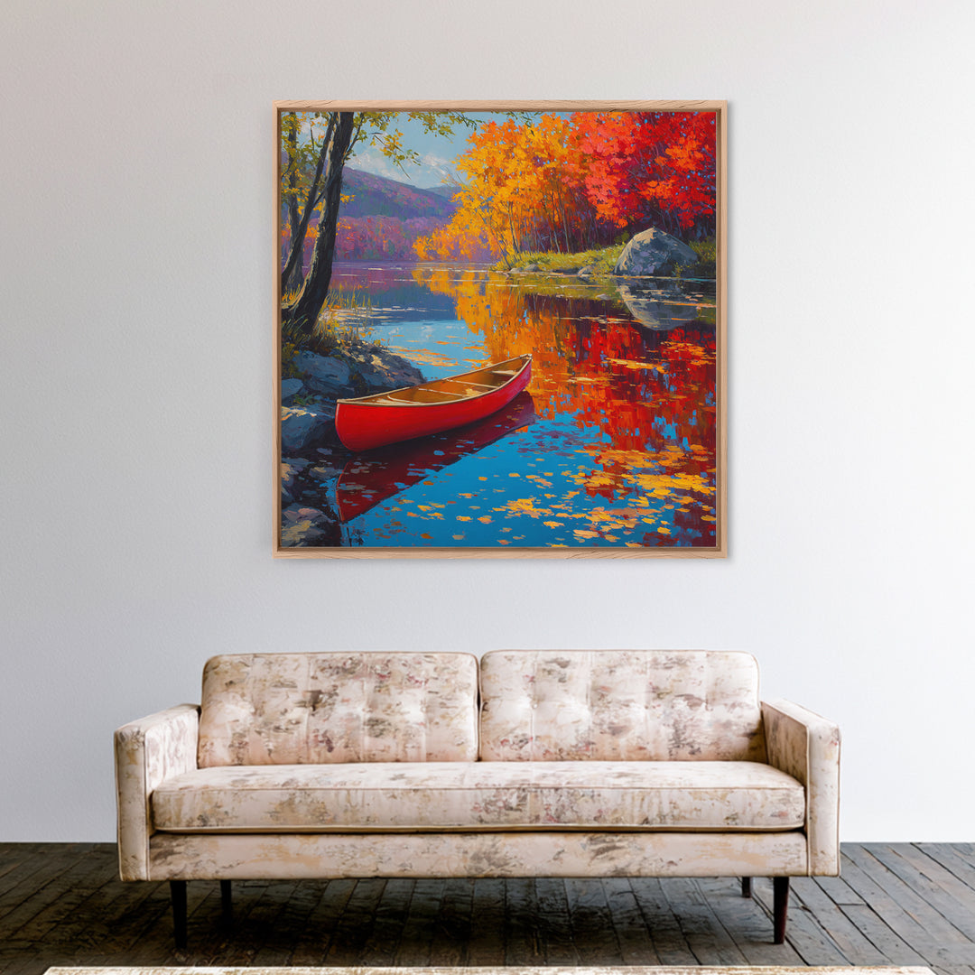 Red Canoe On Autumn Lake Wall Art, Colorful Fall Landscape Painting, Cabin Decor, Nature Wall Art, Housewarming Gift, Large Canvas Print