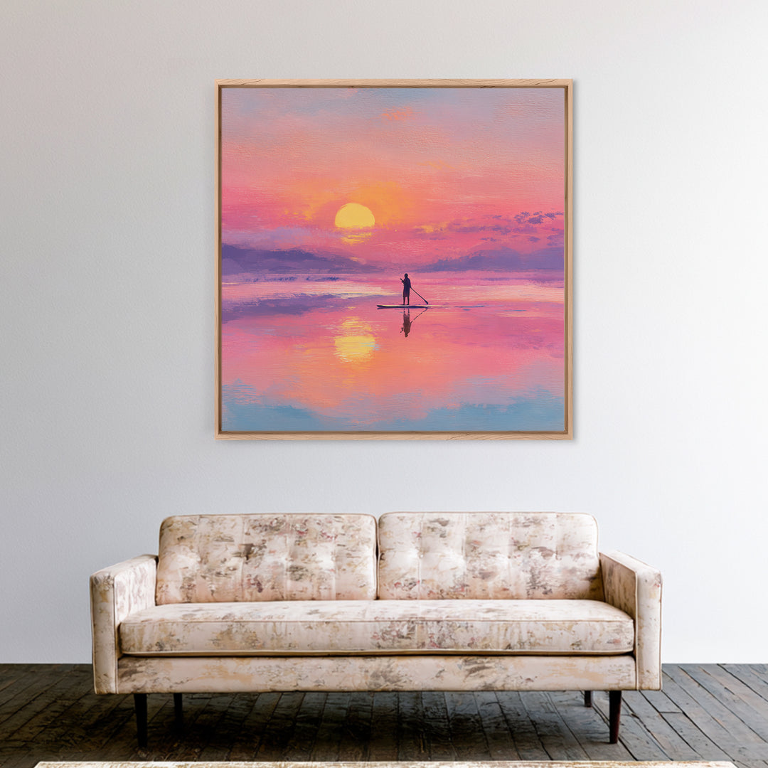 Pink Sunset Paddleboard Wall Art, Pastel Ocean Seascape, Coastal Decor, Beach House Art Print, Romantic Gift For Her, Bedroom Decor
