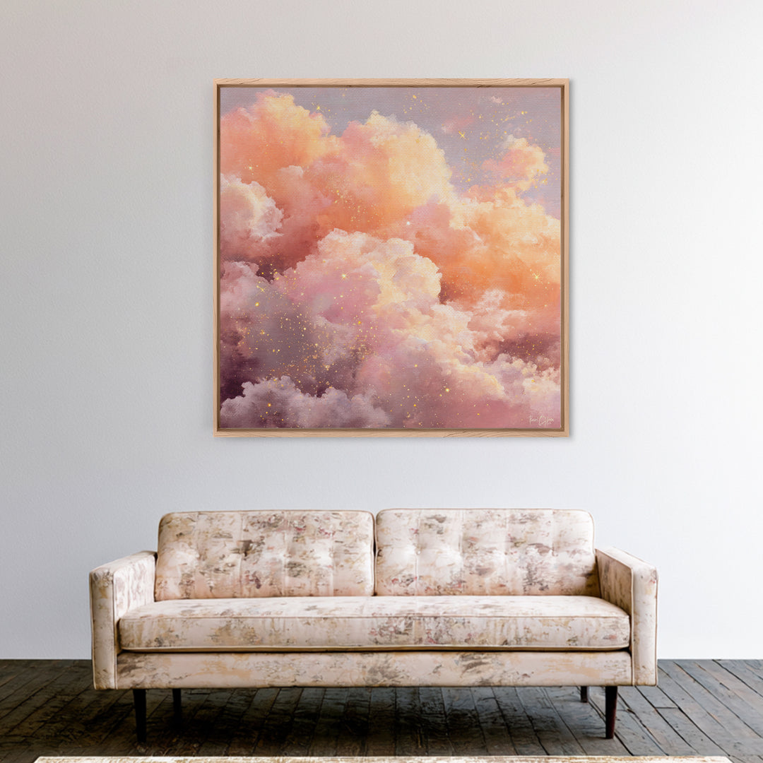 Blush Pink Celestial Clouds With Golden Stars Wall Art, Dreamy Sky Canvas, Pastel Bedroom Decor, Nursery Gift, Ethereal Home Decor