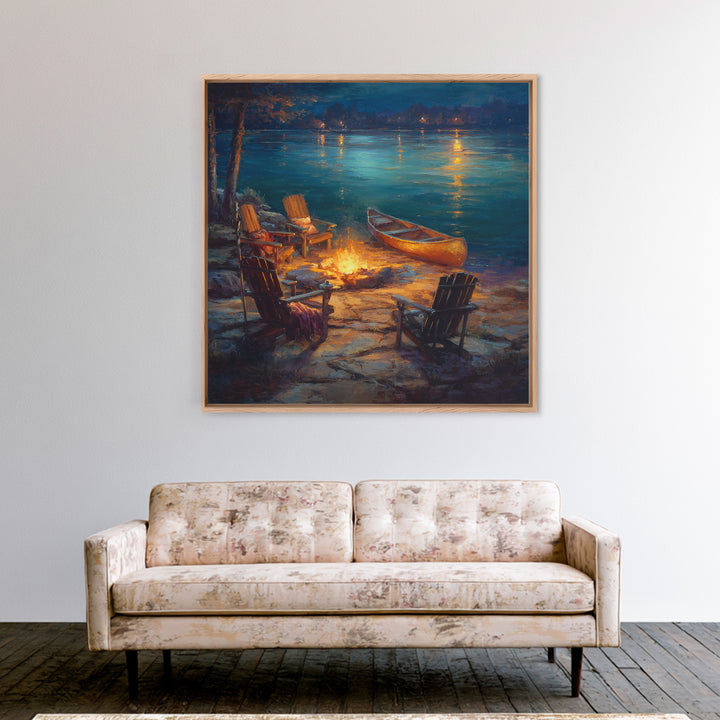 Lakeside Campfire Adirondack Chairs Wall Art, Canoe Night Lake Canvas Print, Cabin Decor, Rustic Housewarming Gift For Lake House