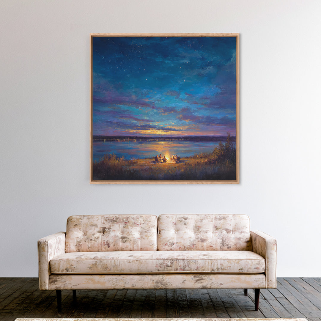 Starry Lakeside Campfire Canvas Print, Moody Night Sky Landscape Art, Cabin Wall Decor, Cozy Living Room Art, Housewarming Gift