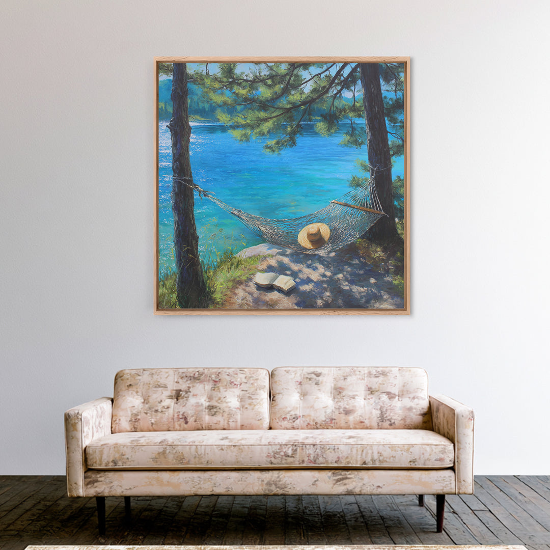 Pine Lake Hammock Reading Nook Wall Art, Coastal Lake House Decor, Peaceful Nature Canvas Print, Relaxing Bedroom Art Gift