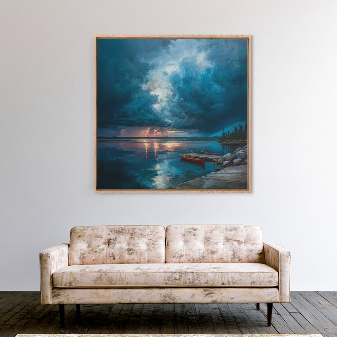 Moody Storm Over Lake With Canoes Canvas Print, Blue Seascape Wall Art, Dramatic Lightning Landscape, Cabin Decor, Nature Gift