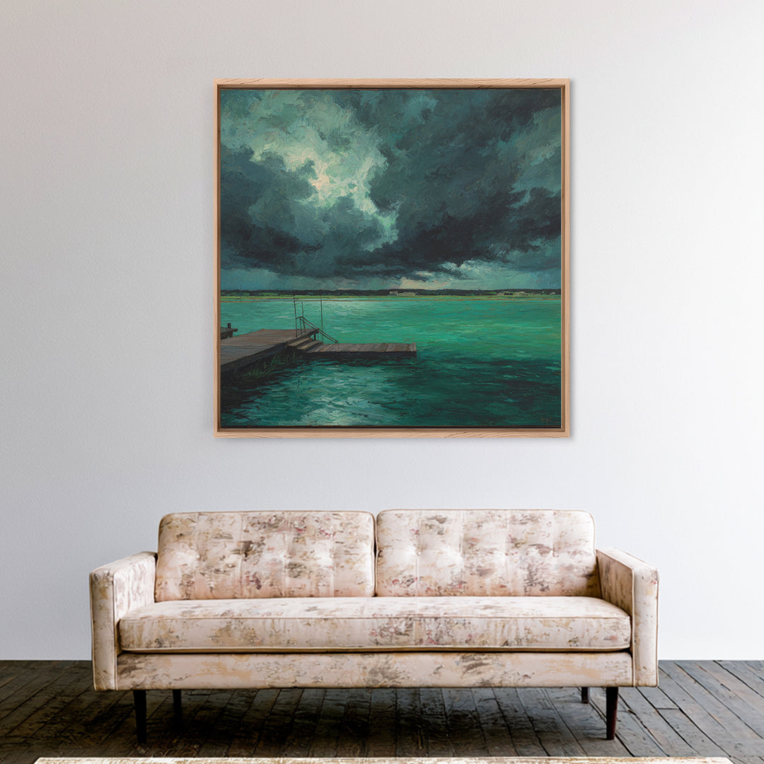 Stormy Turquoise Lake Dock And Dark Clouds Canvas Print, Moody Landscape Art, Coastal Wall Decor, Office Wall Art Gift For Him