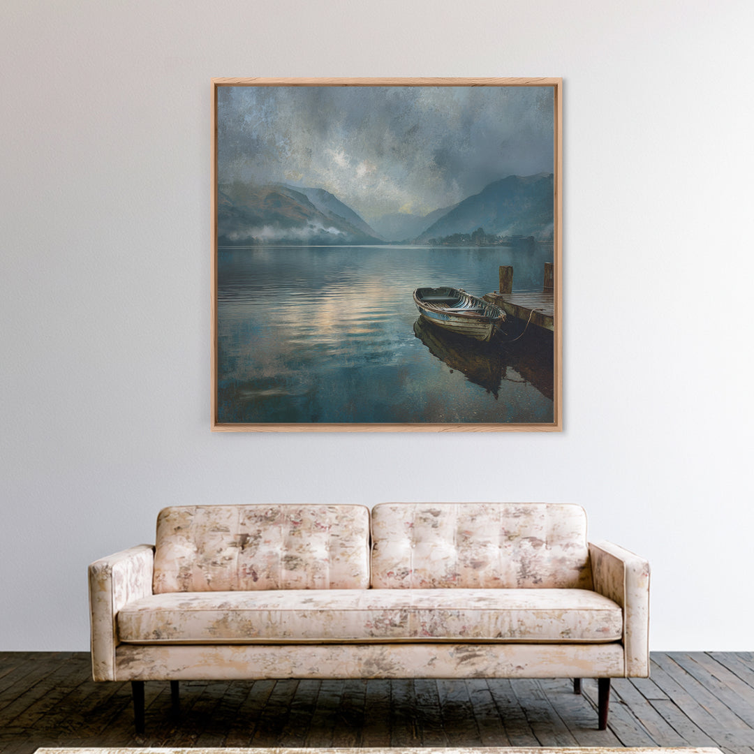 Moody Mountain Lake With Old Boat Wall Art, Misty Landscape Framed Canvas Print, Rustic Cabin Living Room Decor Housewarming Gift