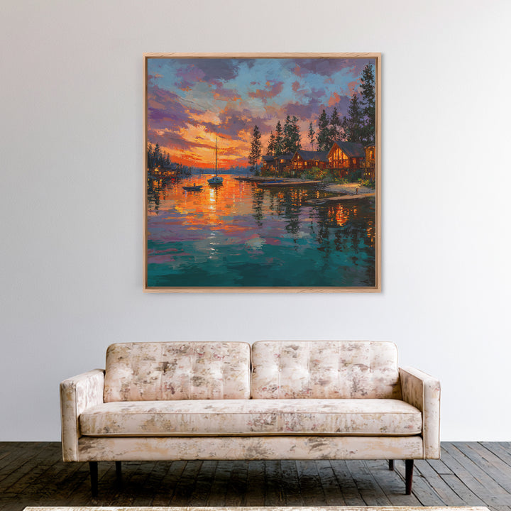Glowing Lakeside Cabins At Sunset Wall Art, Coastal Landscape Canvas Print, Lake House Decor, Rustic Cabin Living Room Art