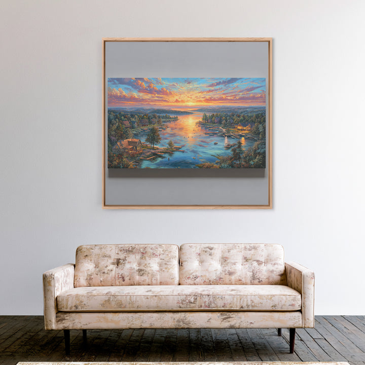 Sunset Lake Village Framed Canvas Print, Panoramic Landscape Wall Art, Coastal Cabin Decor, Large Living Room Art, Housewarming Gift