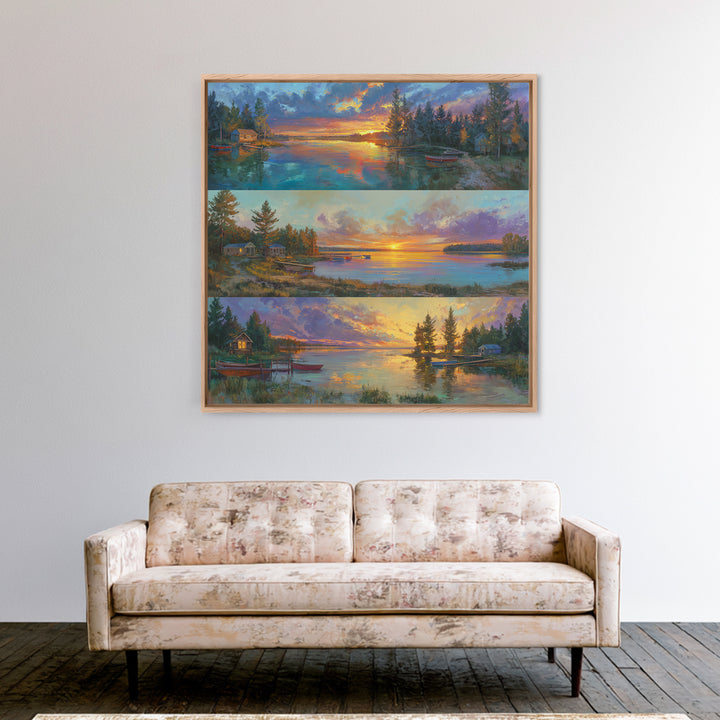 Three Serene Lake Sunset Panels Canvas Print, Panoramic Landscape Wall Art, Cabin Decor, Coastal Living Room Prints, Lake House Art