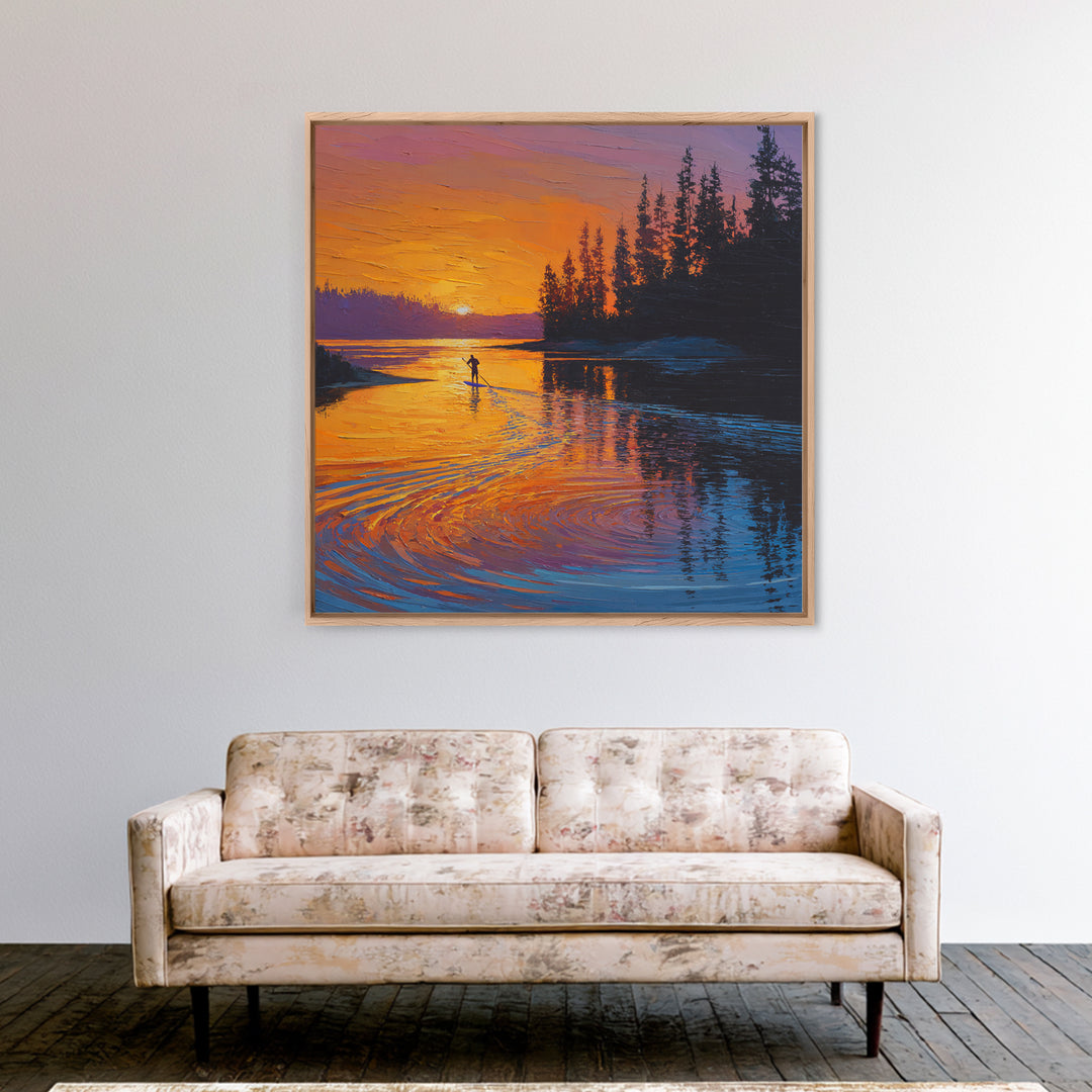 Sunset Paddleboard Pine Lake Wall Art, Orange Blue Seascape Canvas Print, Nature Decor, Living Room Decor, Gift For Him Or Her