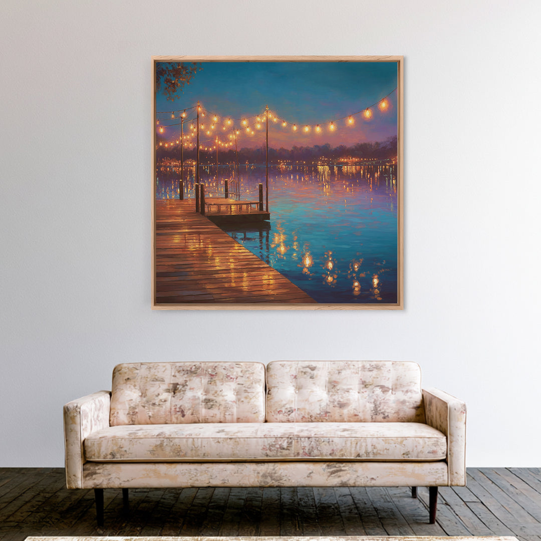 Twilight Lake Dock Lights Wall Art, Romantic Waterfront Canvas Print, Cozy Living Room Decor, Lake House Decor Gift For Her