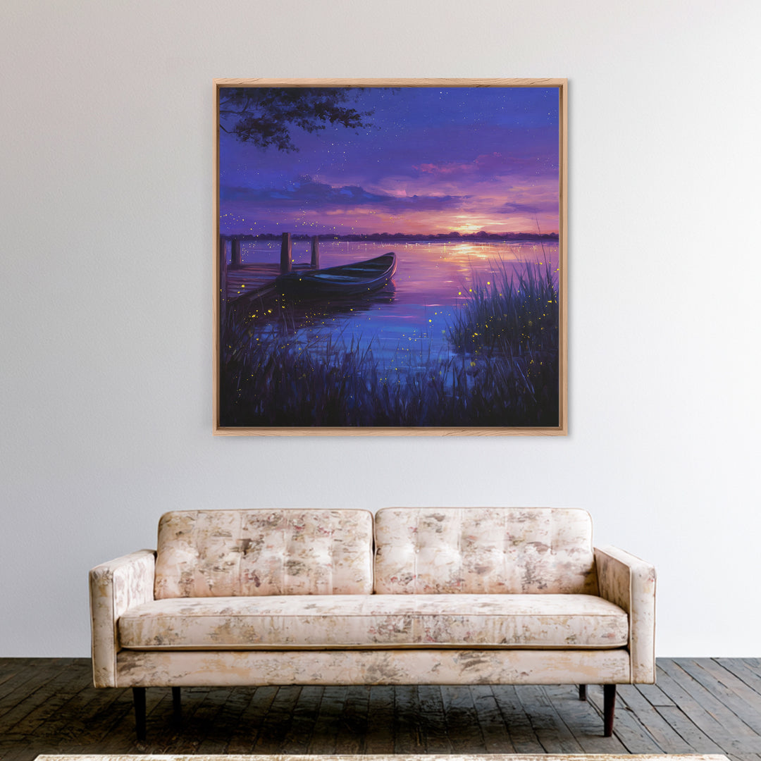 Twilight Lake With Boat And Fireflies Painting Wall Art, Dreamy Night Landscape Print, Romantic Nature Bedroom Decor