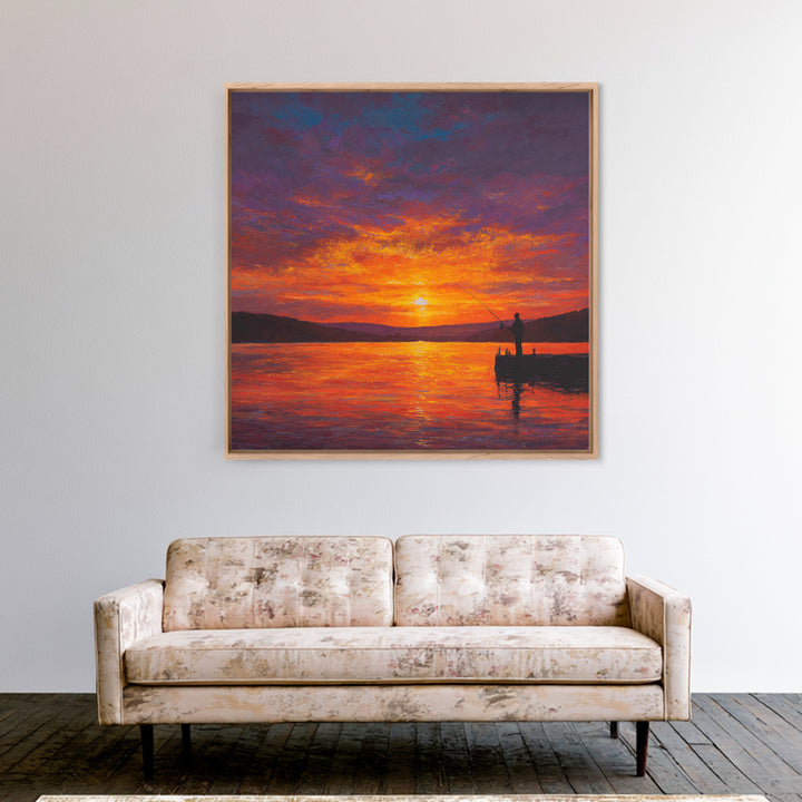 Fisherman At Fiery Sunset Wall Art, Serene Lake Landscape Canvas Print, Rustic Cabin Decor, Peaceful Nature Living Room Wall Art