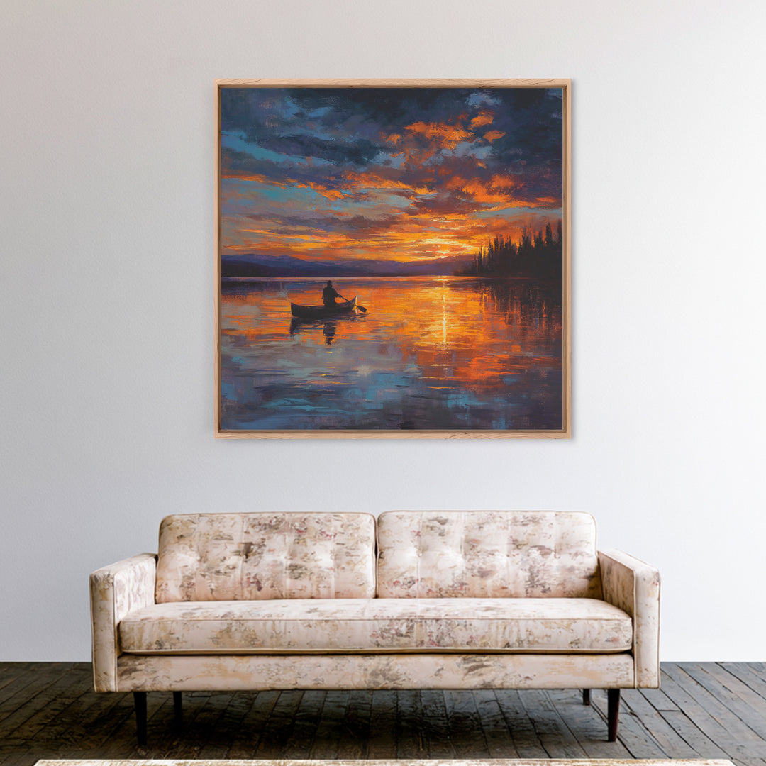 Canoe On Fiery Lake Sunset Framed Canvas Print, Impressionist Landscape Wall Art For Cozy Living Room Or Cabin Home Decor