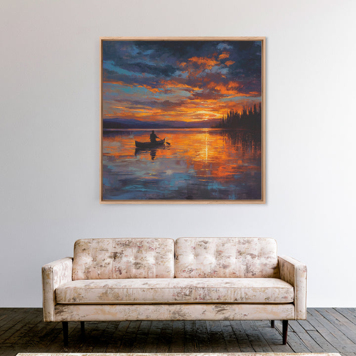 Canoe On Fiery Lake Sunset Framed Canvas Print, Impressionist Landscape Wall Art For Cozy Living Room Or Cabin Home Decor