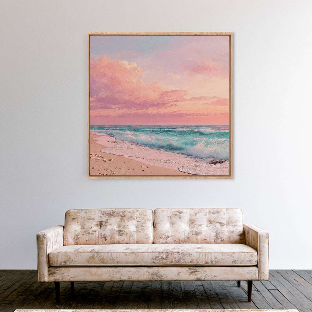 Pink Ocean Waves At Sunset Canvas Print, Pastel Coastal Wall Art, Beach House Decor, Large Living Room Wall Decor, Serene Seascape