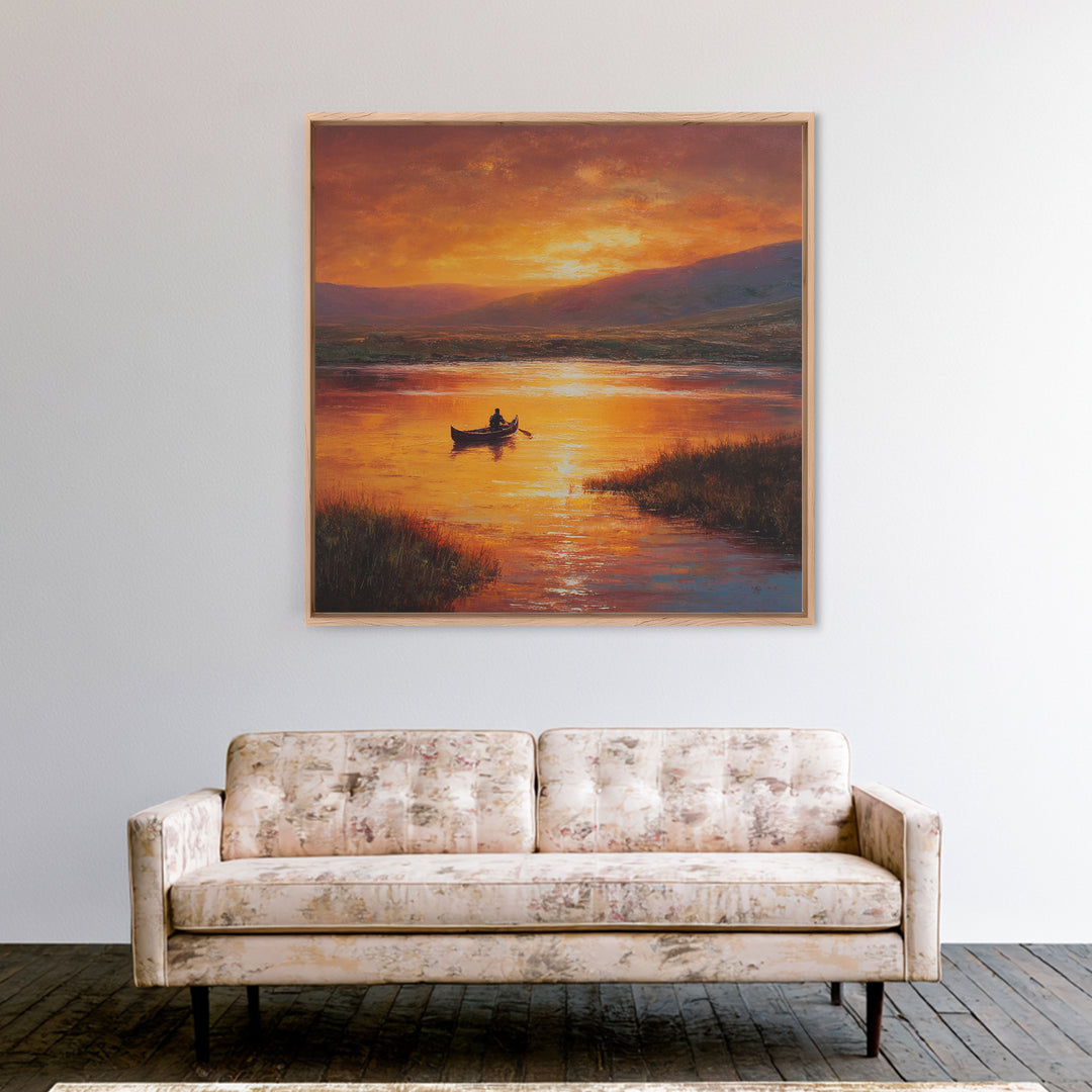 Golden Canoe At Sunset Lake Landscape Wall Art Canvas Print For Living Room Decor, Calming Nature Painting Home Decor