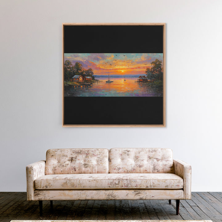 Sunset Lake Houses Palette Knife Painting Panoramic Wall Art Large Horizontal Canvas Print Coastal Wall Decor