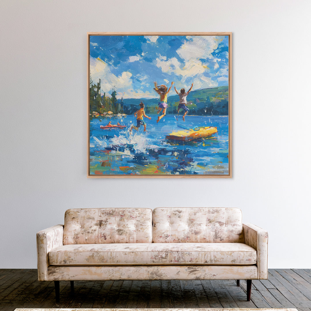 Kids Jumping Off Dock Lake Day Wall Art, Colorful Impressionist Summer Canvas Print, Playful Lake House Painting For Family Room Or Nursery
