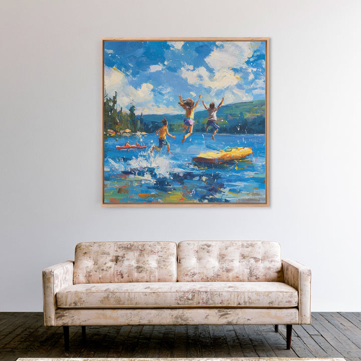 Kids Jumping Off Dock Lake Day Wall Art, Colorful Impressionist Summer Canvas Print, Playful Lake House Painting For Family Room Or Nursery