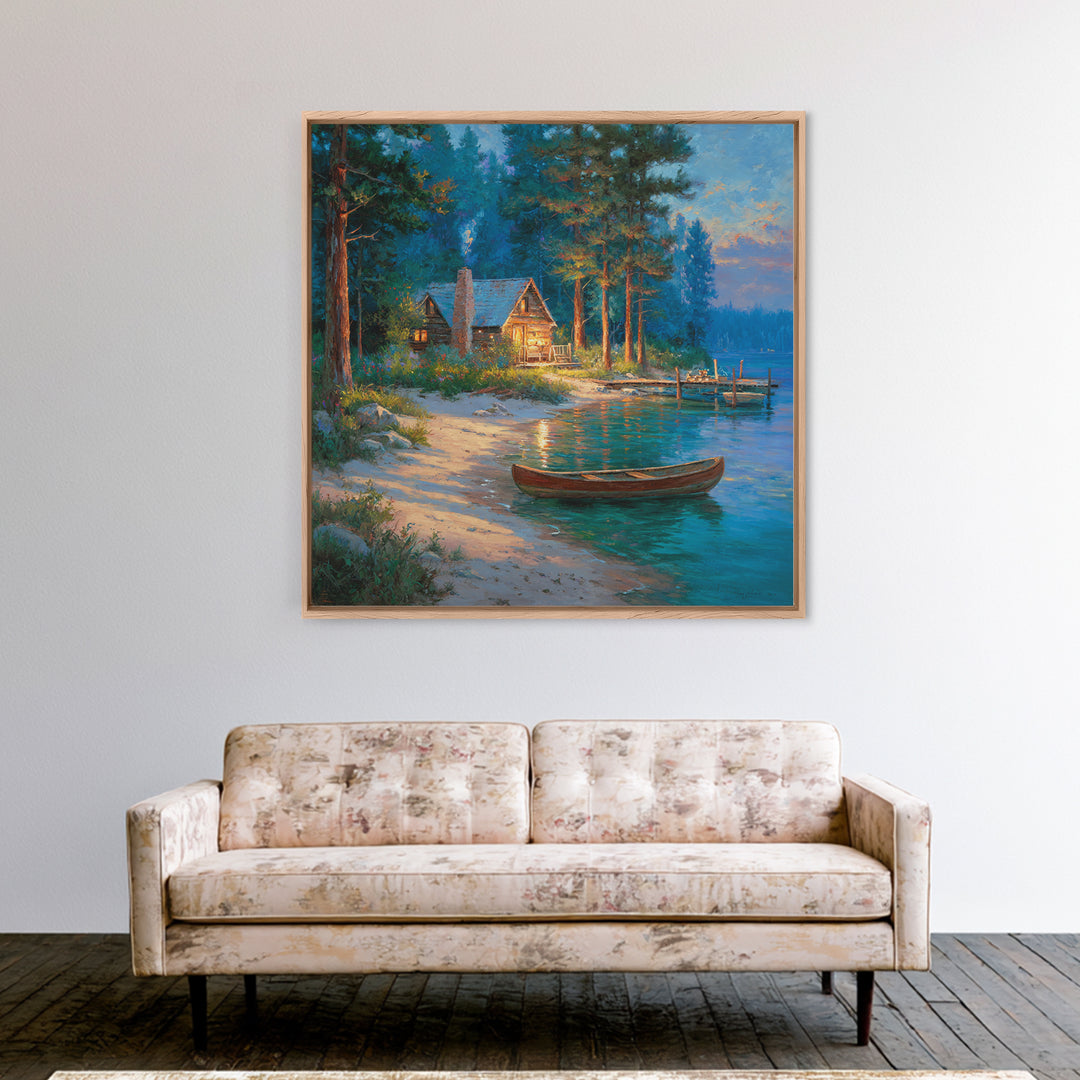Cozy Lakeside Cabin At Dusk Landscape Wall Art Print, Rustic Lake House Home Decor, Nature Painting Living Room Wall Art
