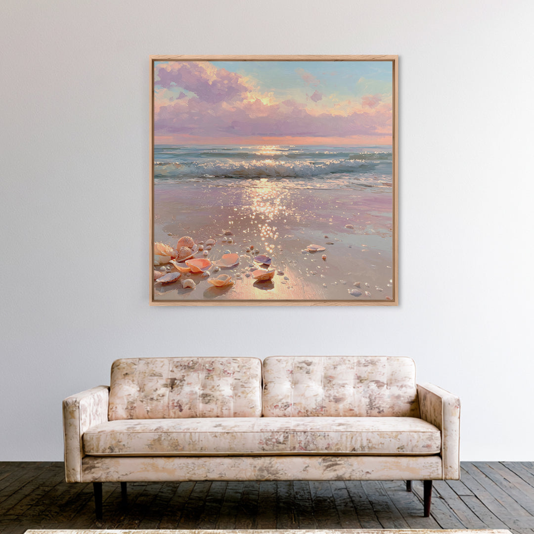 Sparkling Seashell Beach Sunrise Framed Canvas Print, Coastal Wall Art, Ocean Waves, Nautical Living Room Decor, Beach House Gift